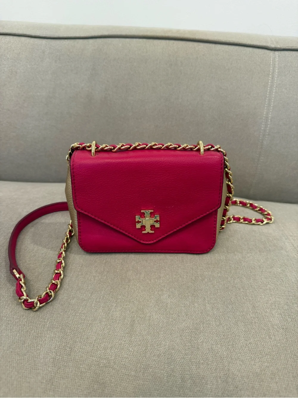 Tory Burch Kira Shoulder Crossbody Leather Bag in Hot Pink and Gold Hardware